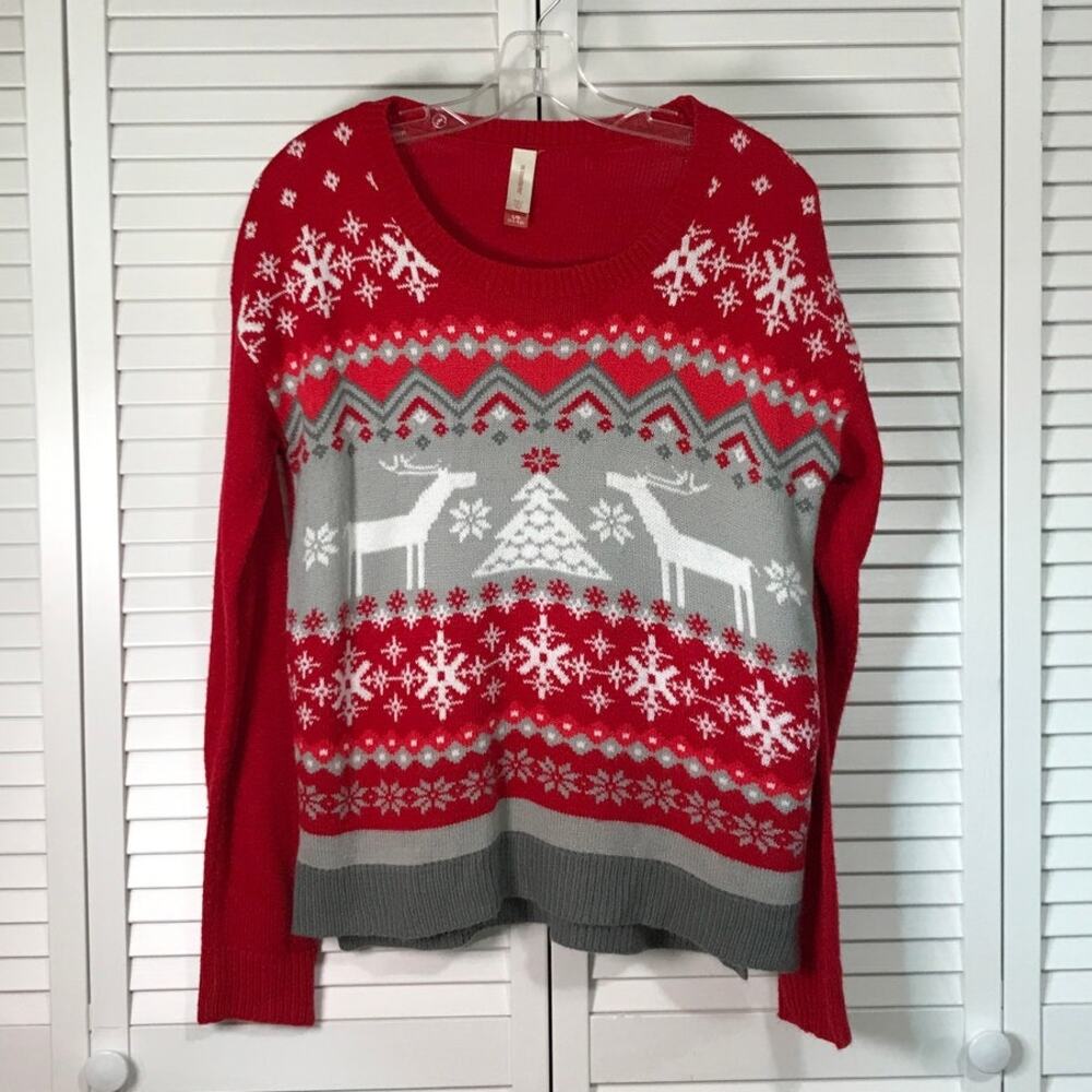 No Boundaries Christmas Red Reindeer Snowflake Ribbed Trim Sweater Juniors L